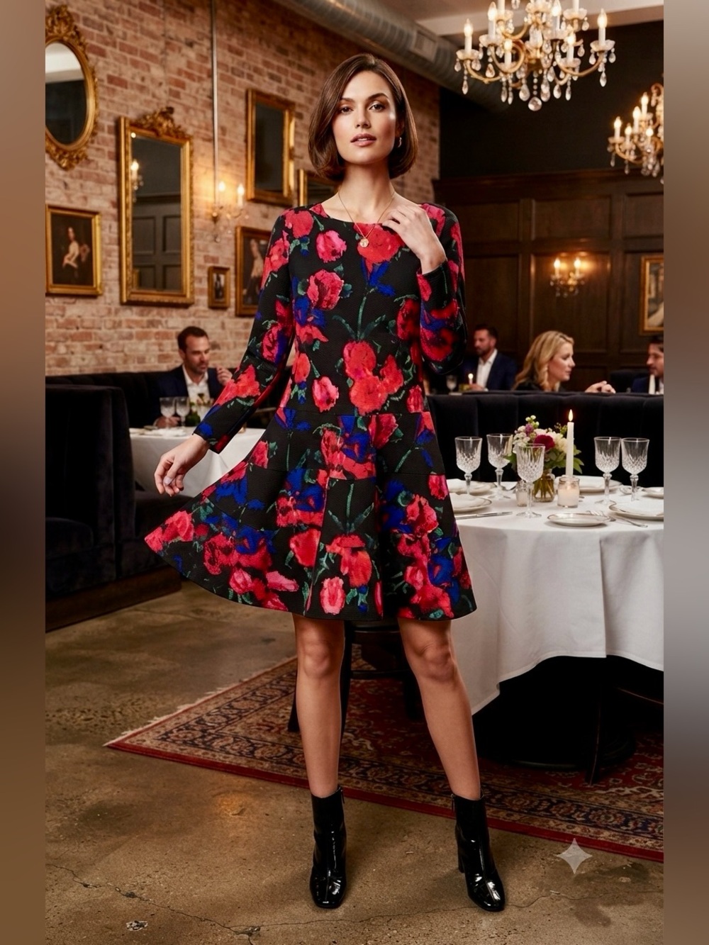Ivanka Trump Black Long-Sleeve Floral Fit & Flare Dress with Red and Blue Blooms